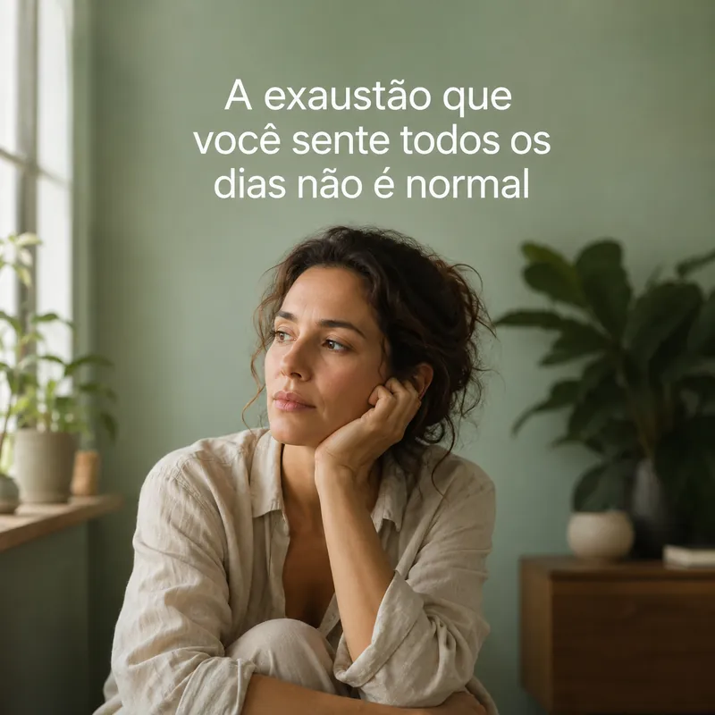 Slide 1: mulher pensativa em casa, com o título "A exaustão que você sente todos os dias não é normal"