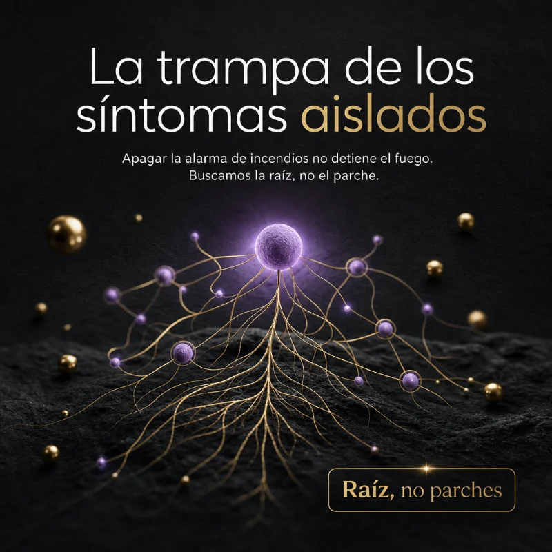 Slide 2: "La trampa de los síntomas aislados", con raíces iluminadas