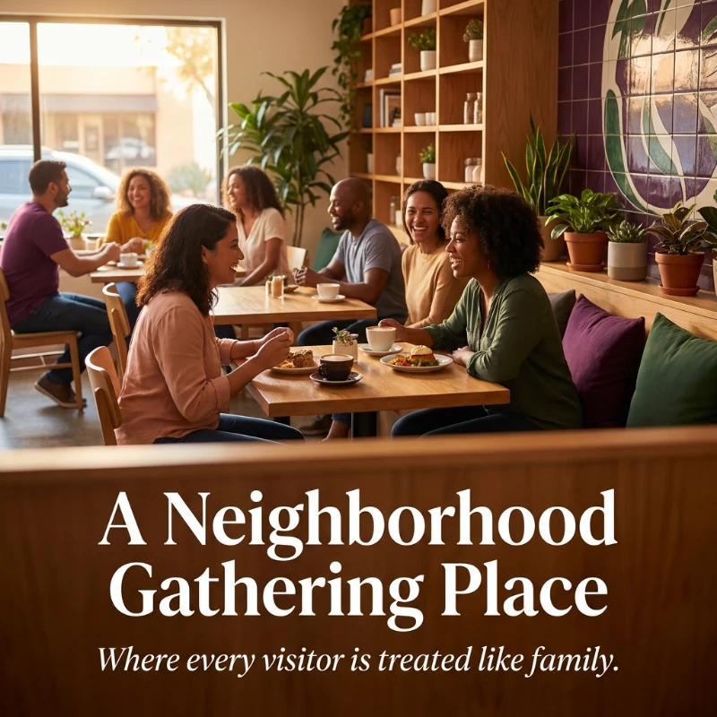 Slide 3: "A neighborhood gathering place", customers at the tables of the cafe