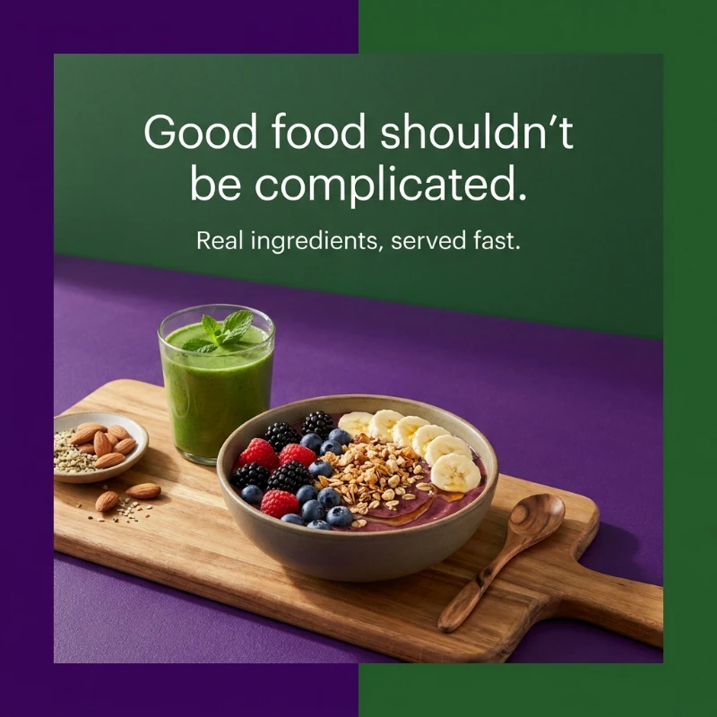 Slide 4: "Good food shouldn't be complicated", a bowl and a green juice on a wooden board
