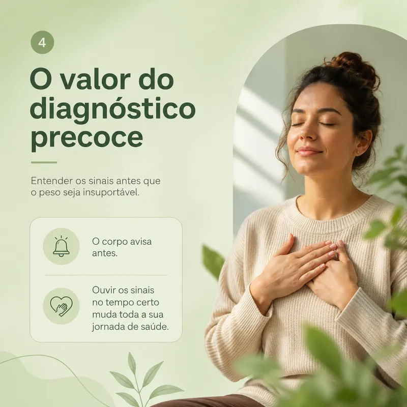 Slide 4: "O valor do diagnóstico precoce", com dois avisos sobre ouvir os sinais do corpo