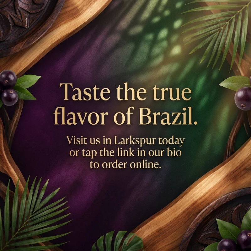 Slide 5: "Taste the true flavor of Brazil", inviting you to visit the Larkspur cafe