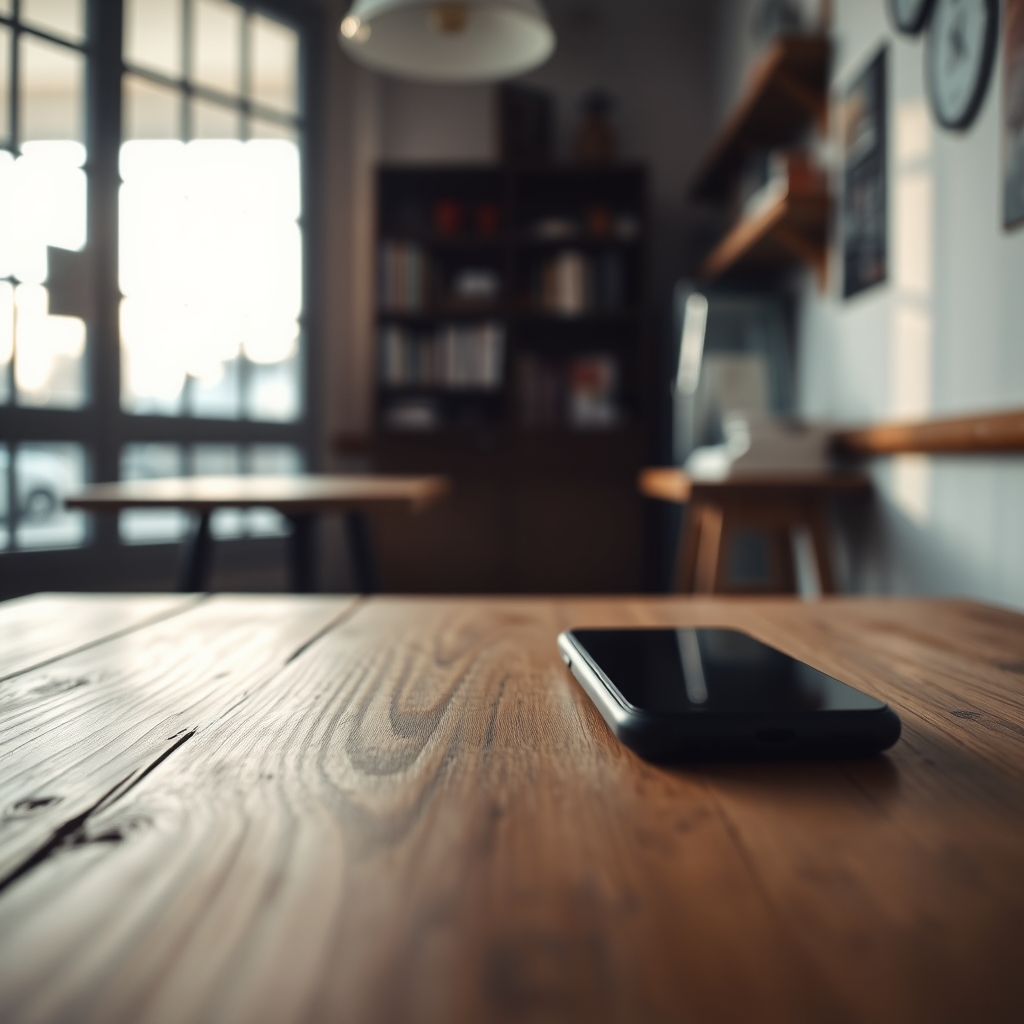 Celular com a tela virada para baixo sobre uma mesa de madeira, em um salão vazio de manhã