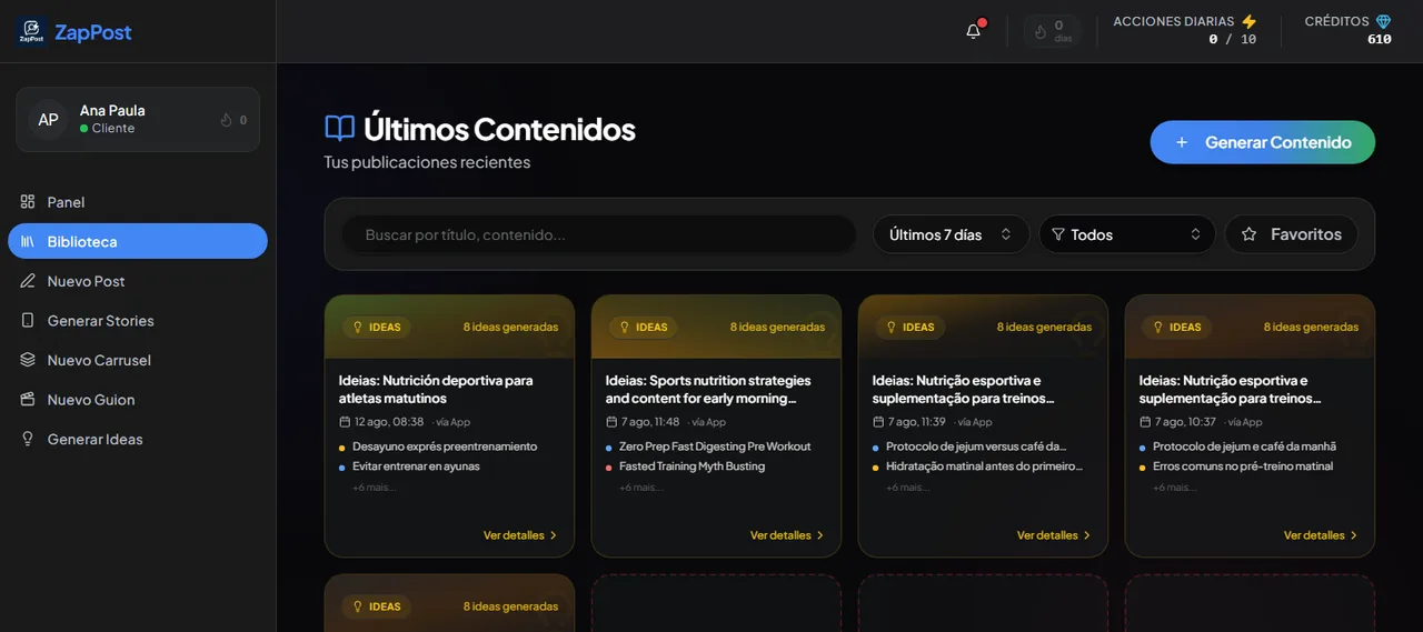 La Biblioteca guarda todo por fecha, con búsqueda y filtro por tipo.