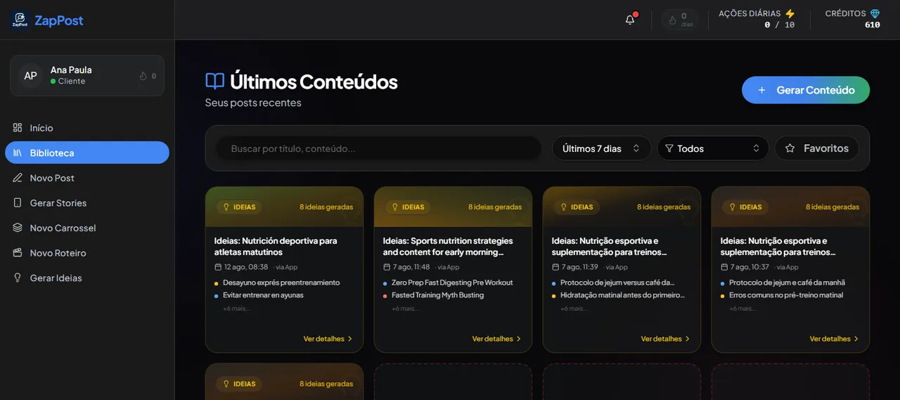 A Biblioteca, com a busca e os filtros no alto.