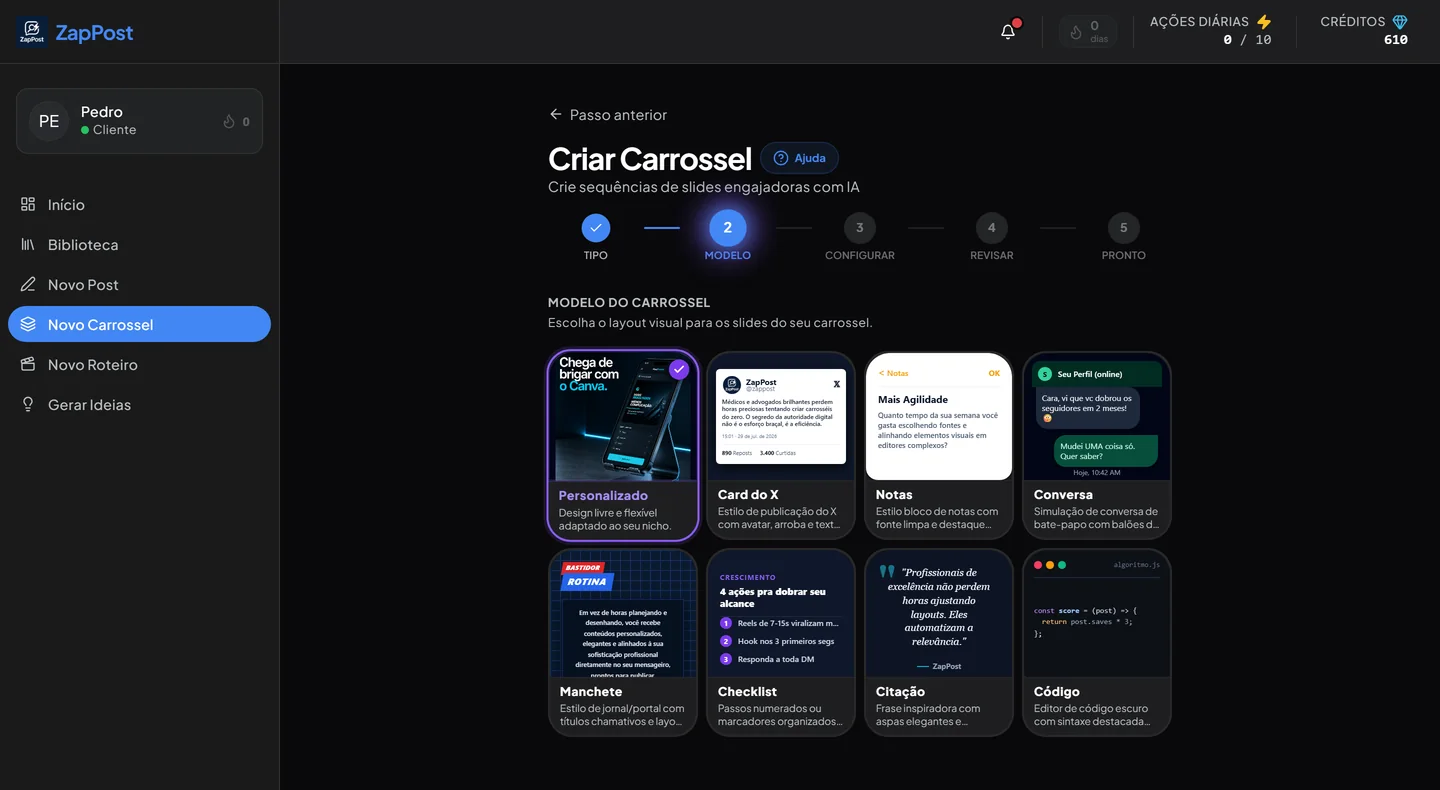 Os oito modelos visuais de carrossel disponíveis no ZapPost