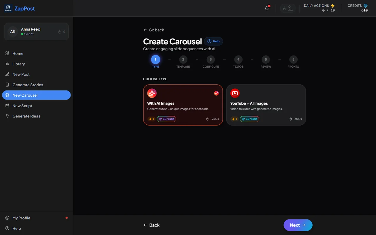 The first step of the carousel. Note the cost: 30 credits per slide.