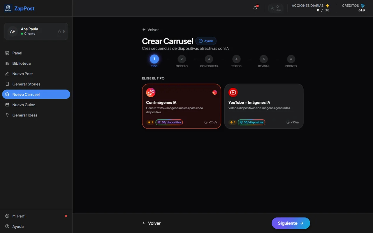 El primer paso del carrusel. Fíjate en el costo: 30 créditos por slide.
