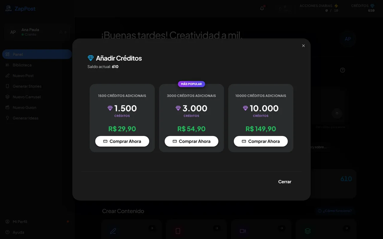 Los paquetes de crédito suelto, con el precio de cada uno.