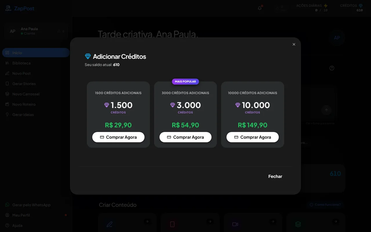 Os pacotes de crédito avulso.