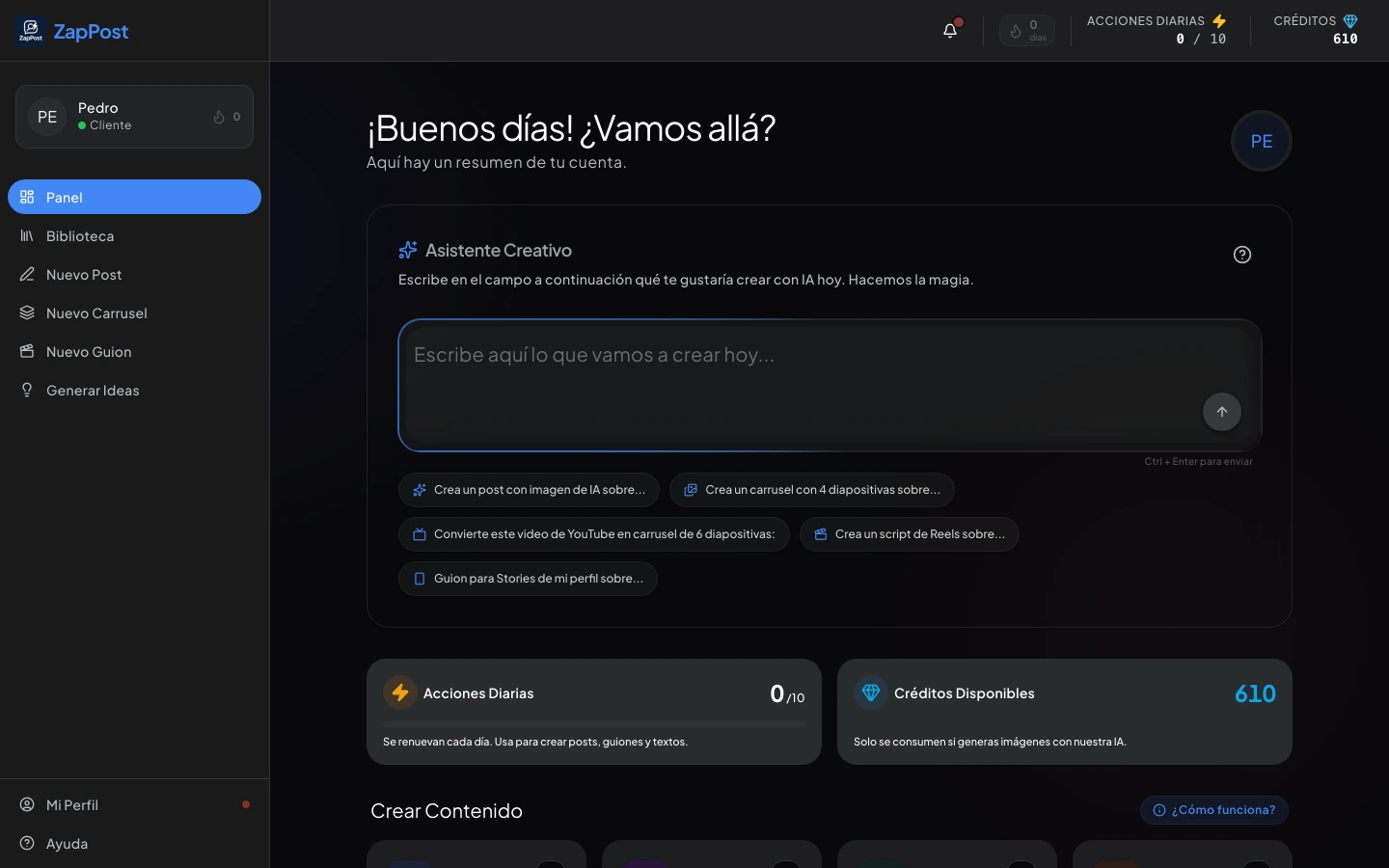 Panel de ZapPost en la computadora, con la barra del Asistente Creativo y el resumen de la cuenta