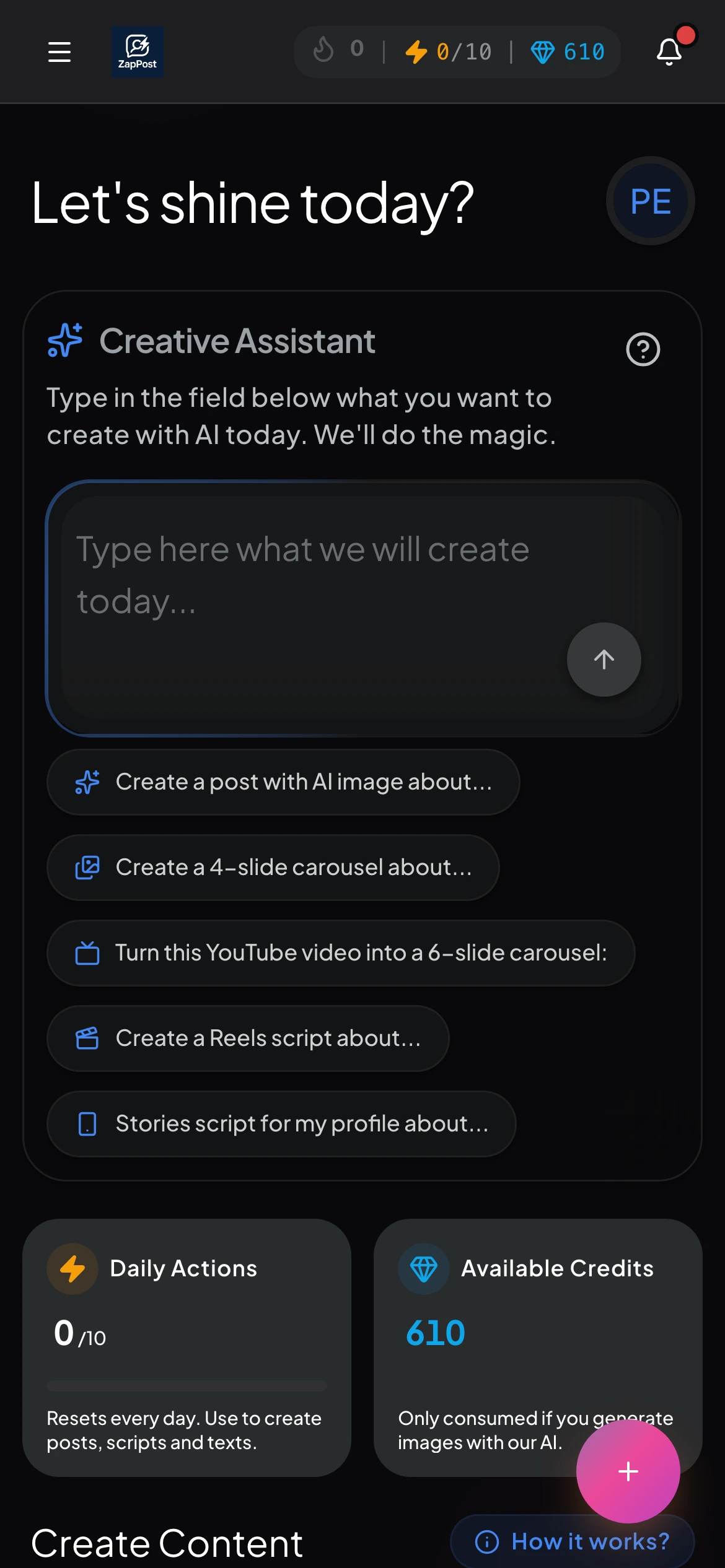 The ZapPost dashboard on a phone, with the Creative Assistant bar