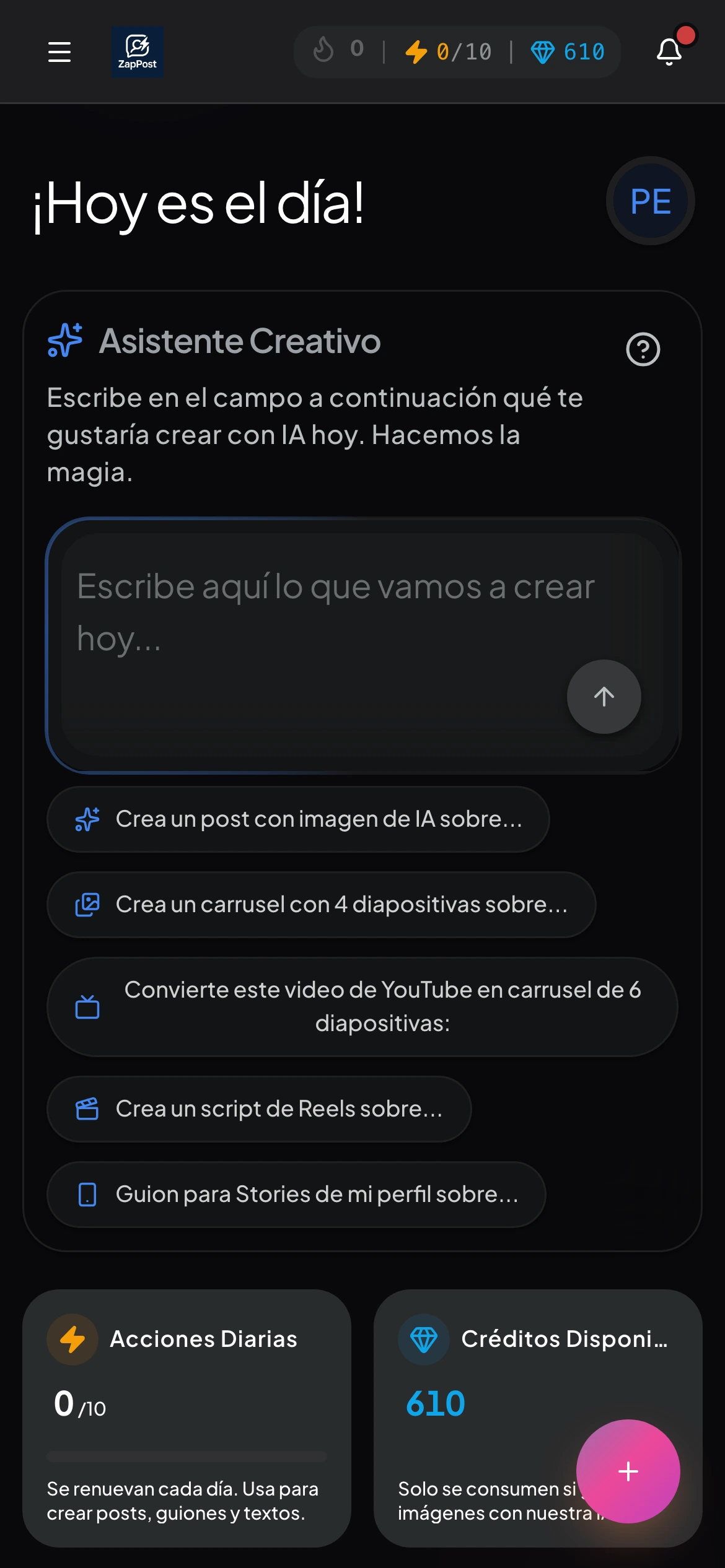Panel de ZapPost en el celular, con la barra del Asistente Creativo