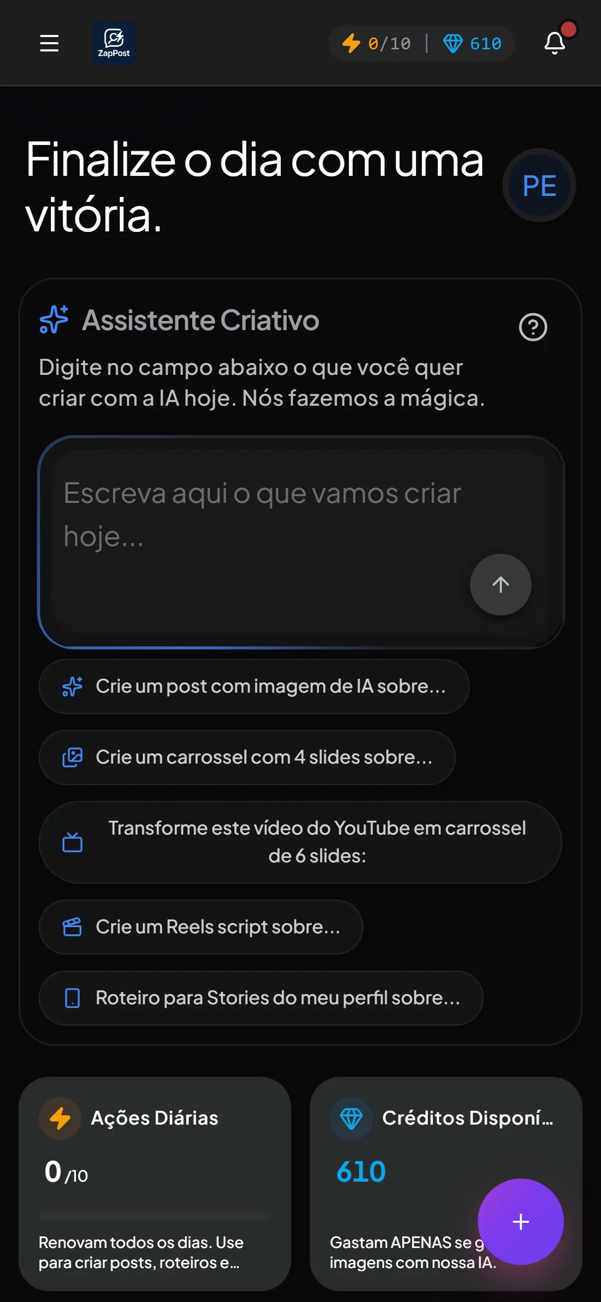 Painel do ZapPost no celular, com a barra do Assistente Criativo