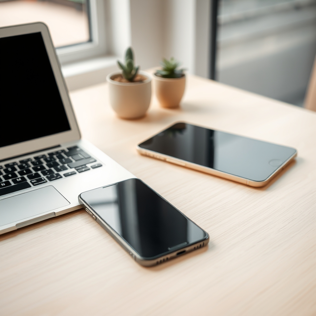 Um celular e um notebook aberto sobre uma bancada de madeira clara, ao lado de dois vasinhos, com a luz da janela