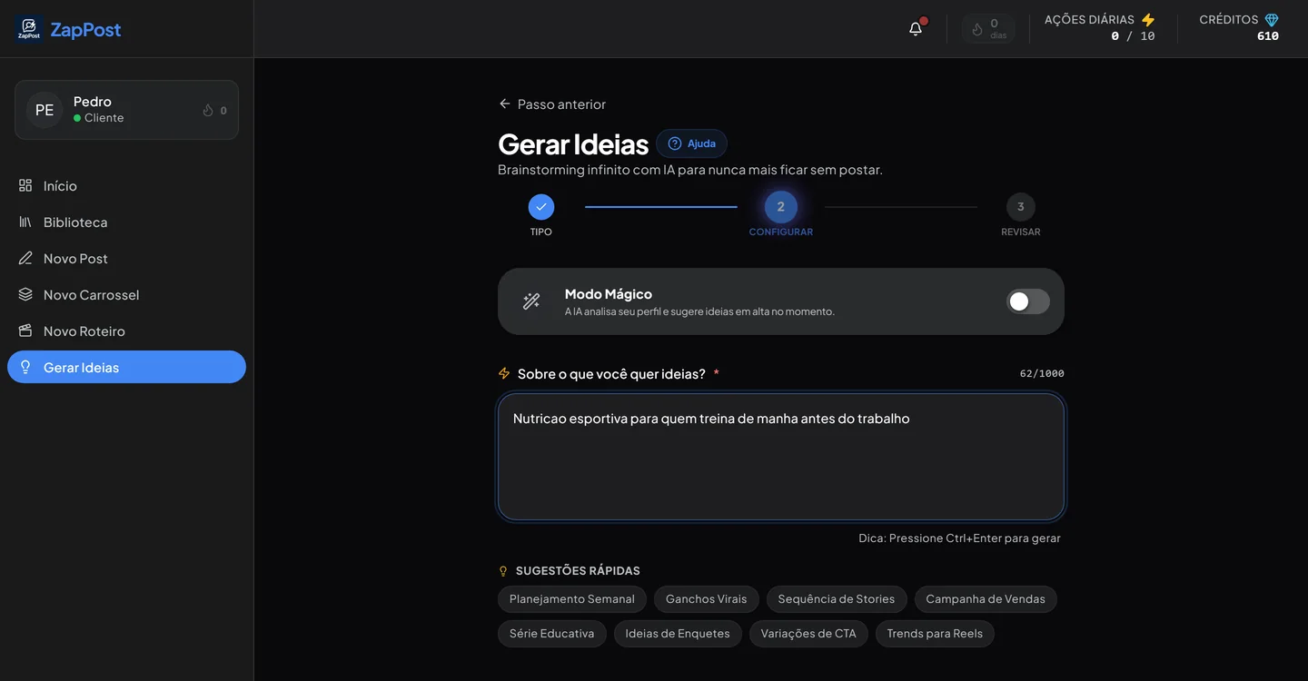 Campo do gerador de ideias preenchido, com sugestões rápidas abaixo