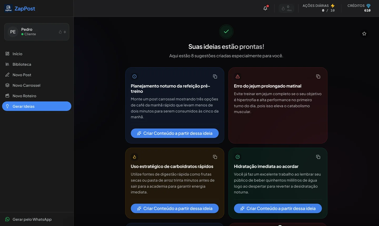 Oito ideias de conteúdo geradas no ZapPost, cada uma com título e resumo