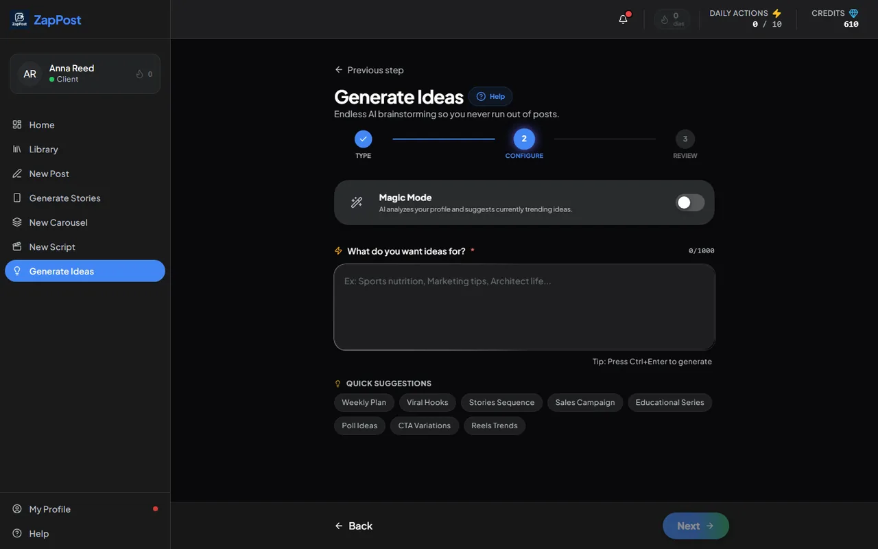 The first step of Generate Ideas.