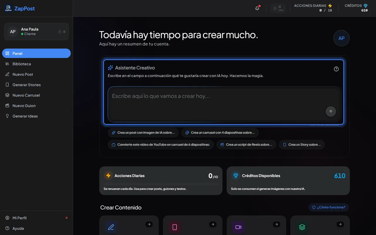 La pantalla inicial del Studio. El cuadro del Asistente Creativo entiende el pedido en español común y te lleva a la herramienta correcta.