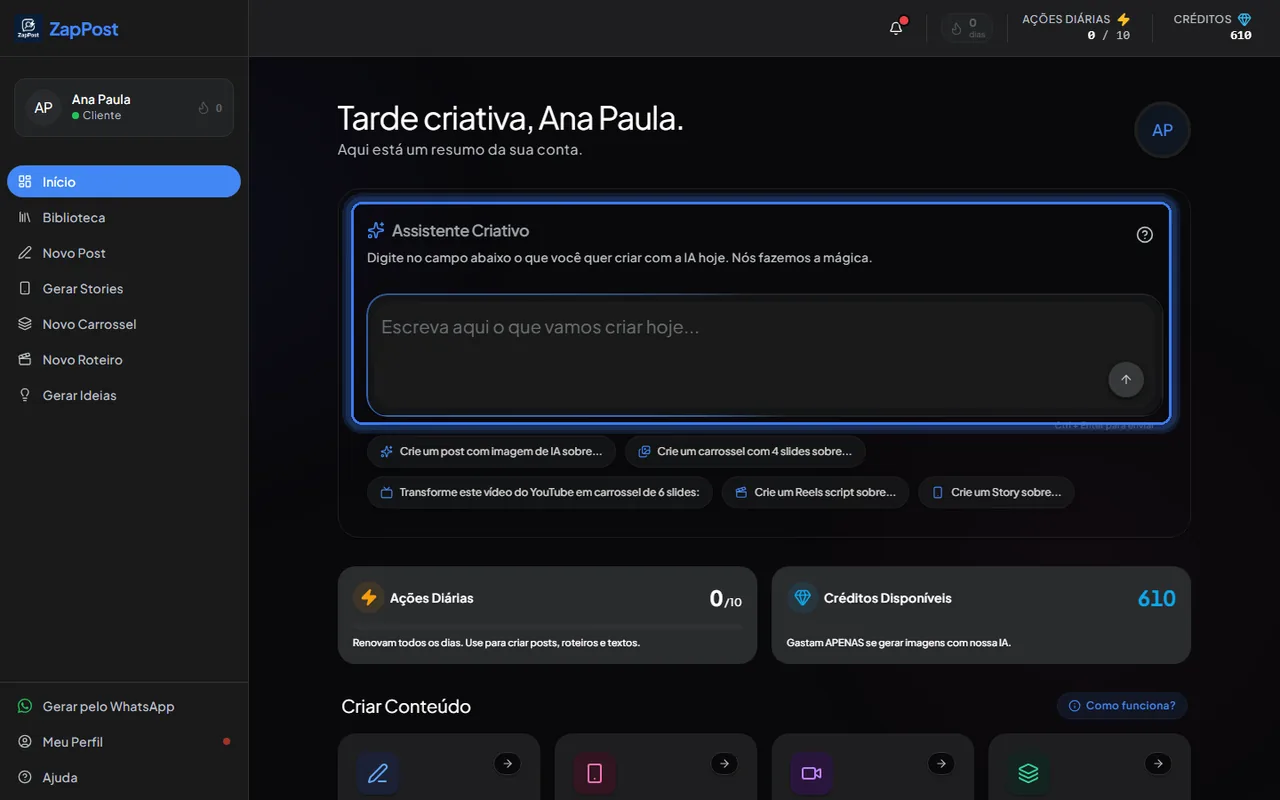 A caixa do Assistente Criativo leva para a ferramenta certa com o pedido preenchido.
