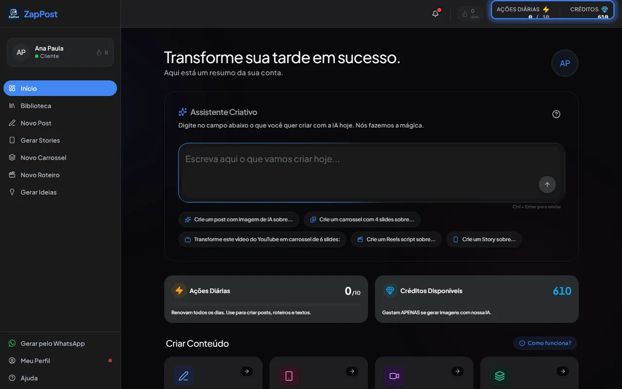 No topo do Studio: as ações do dia à esquerda, os créditos à direita.