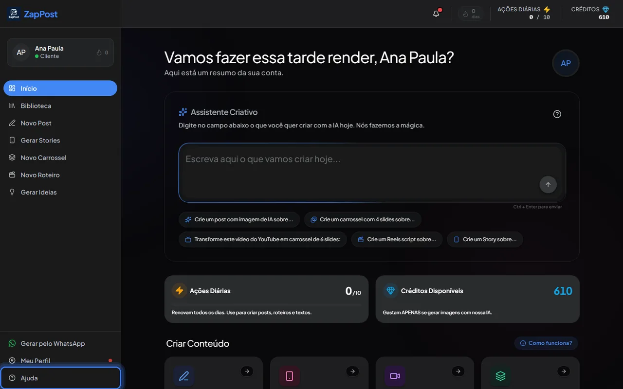 O guia de uso fica no item "Ajuda" do menu.