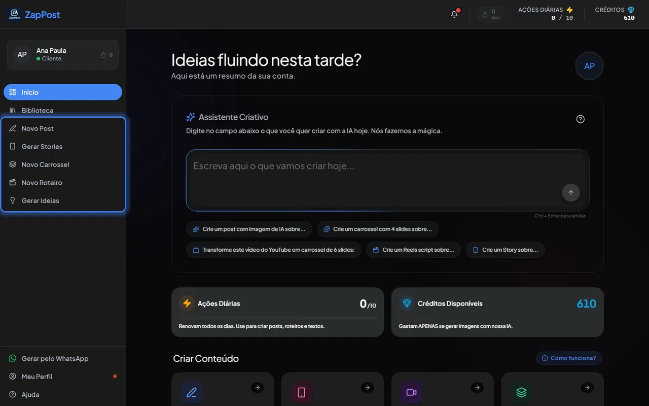 As cinco ferramentas ficam no menu da esquerda.