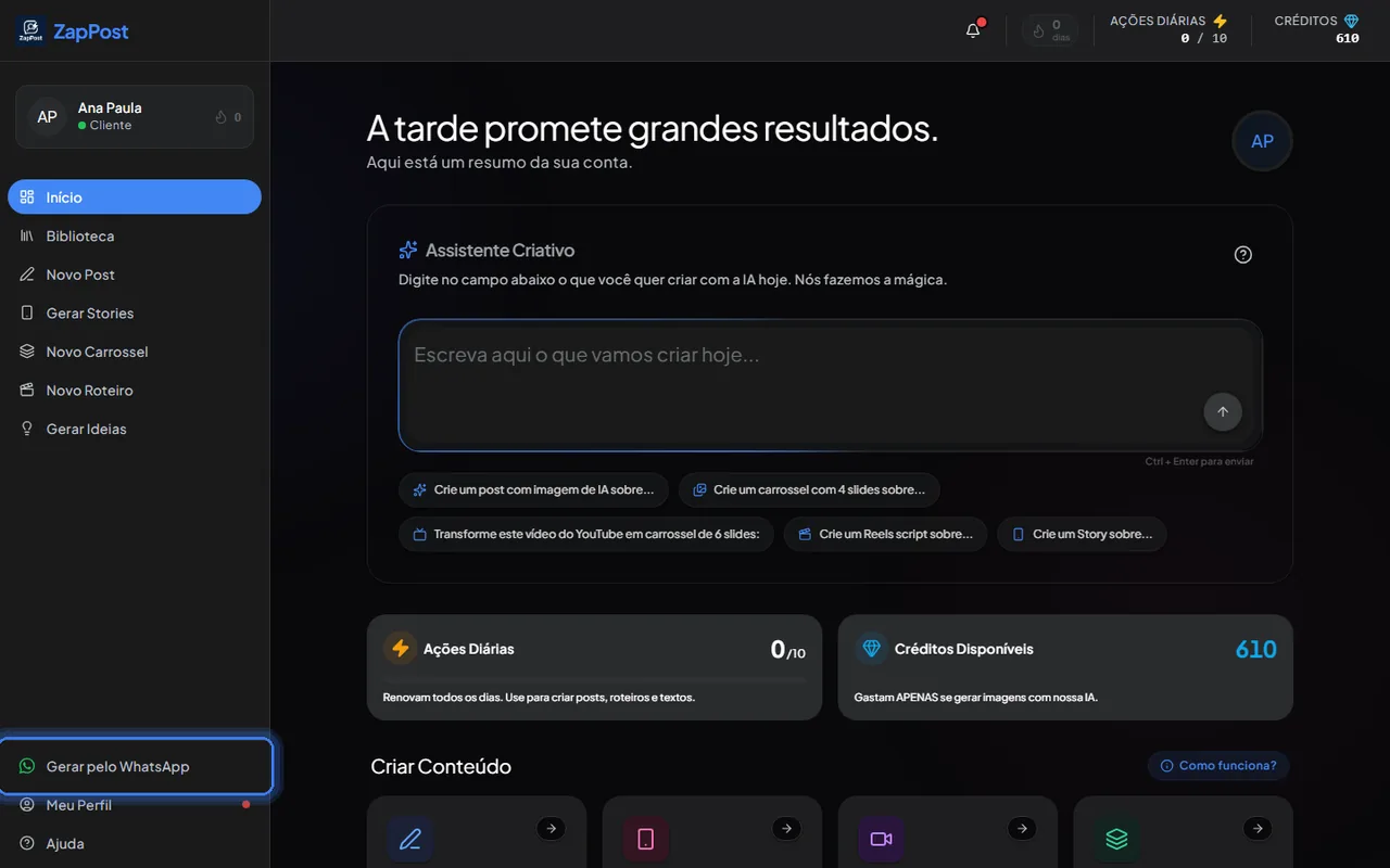 O atalho fica no fim do menu, acima de "Meu Perfil".