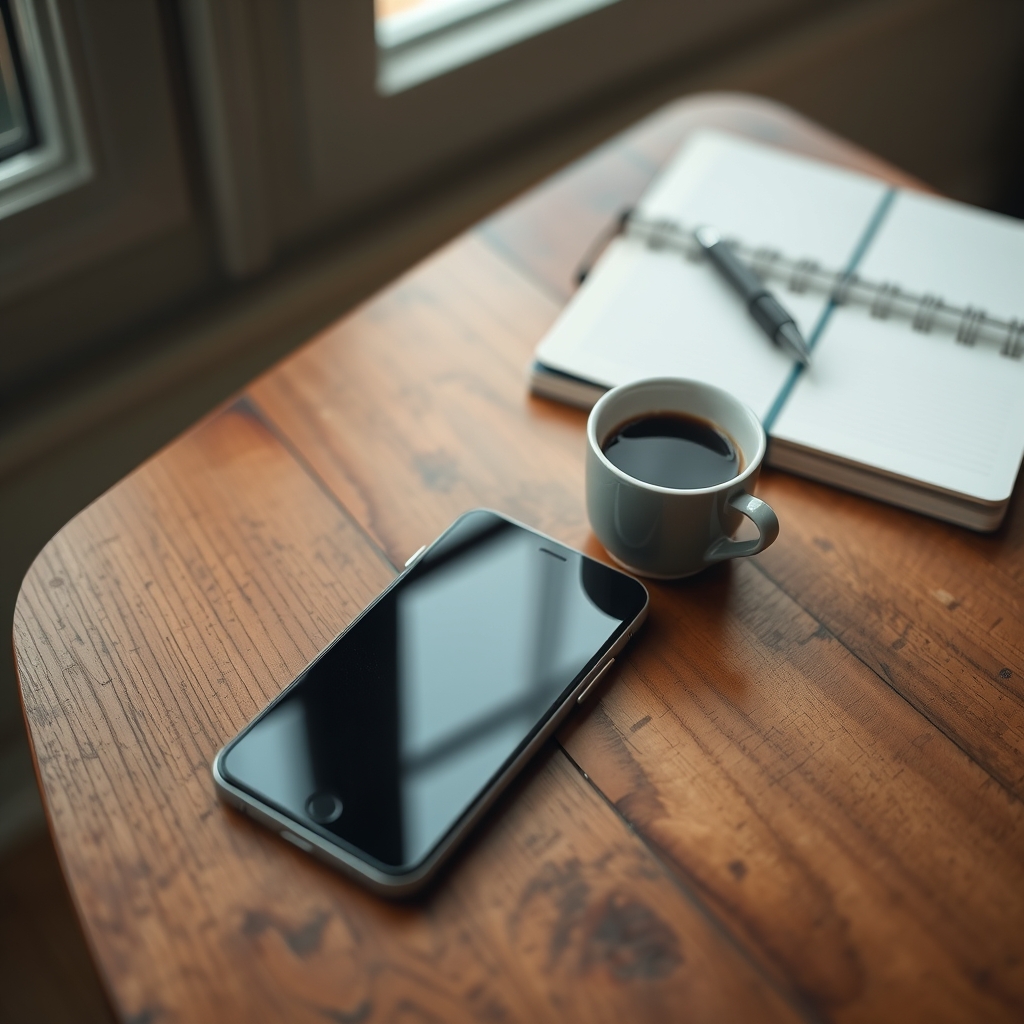 Celular com a tela apagada em cima de uma mesa de madeira, ao lado de uma xícara de café e um caderno aberto