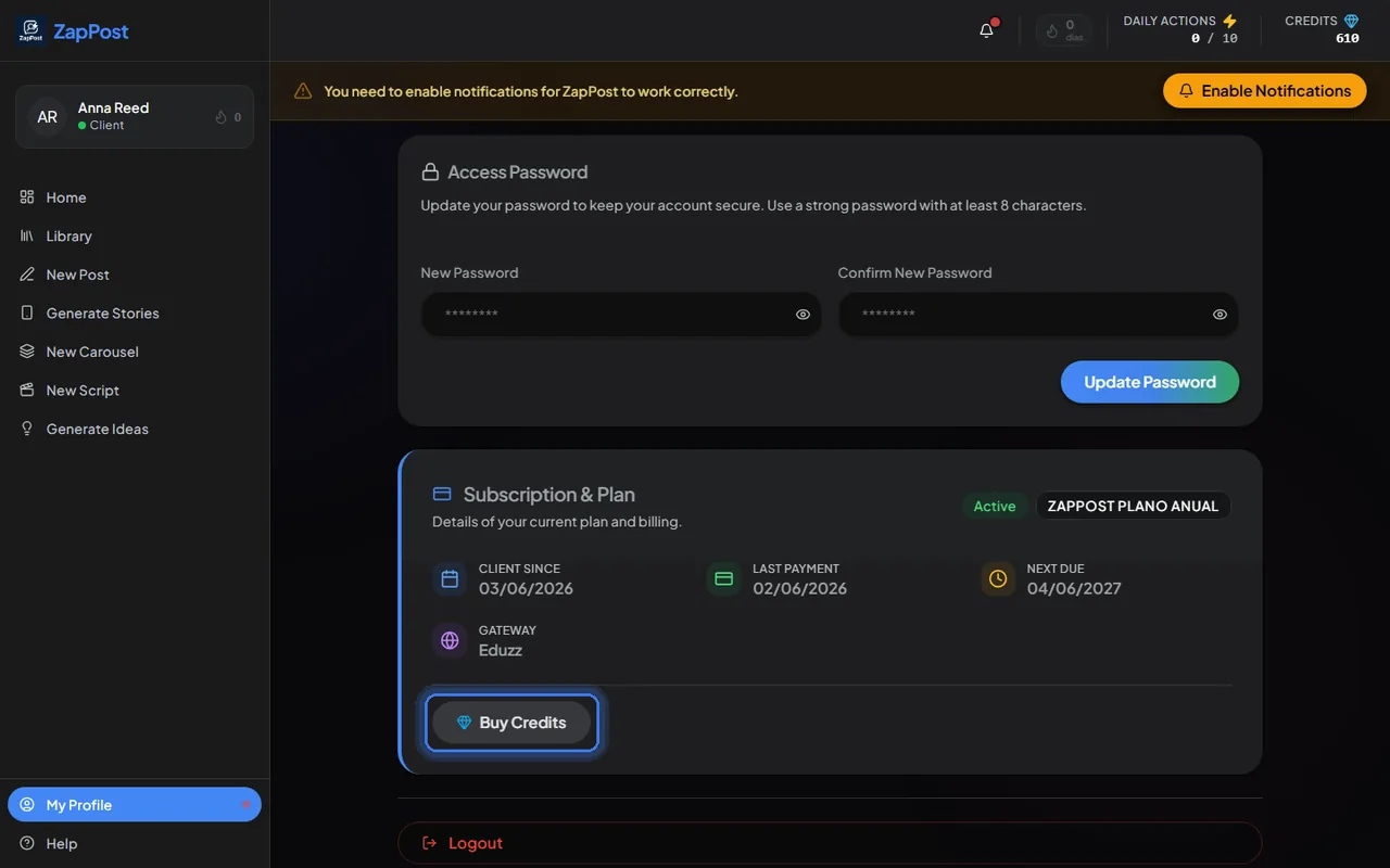 The same button, inside "My Profile".
