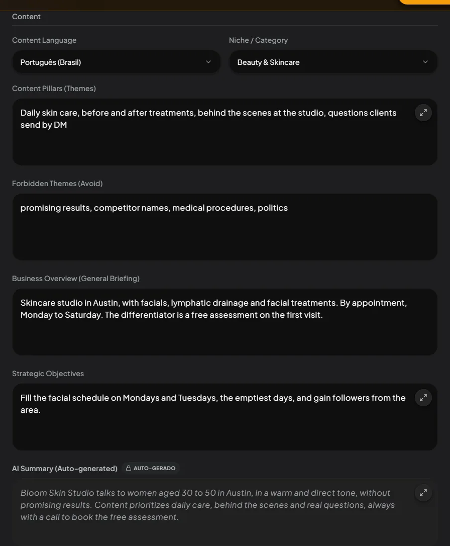The Content section of the profile. The five fields below are here.