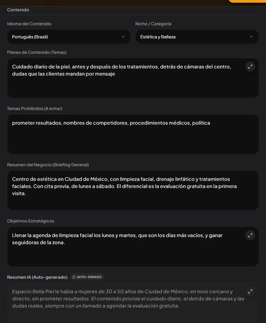 La sección Contenido del perfil. Los cinco campos de abajo están aquí.