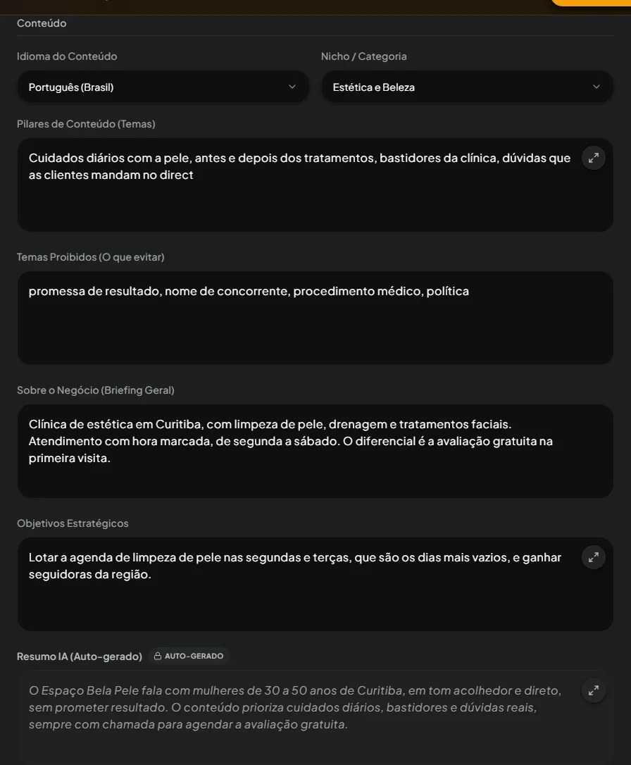 A seção Conteúdo do perfil. Os cinco campos abaixo estão aqui.
