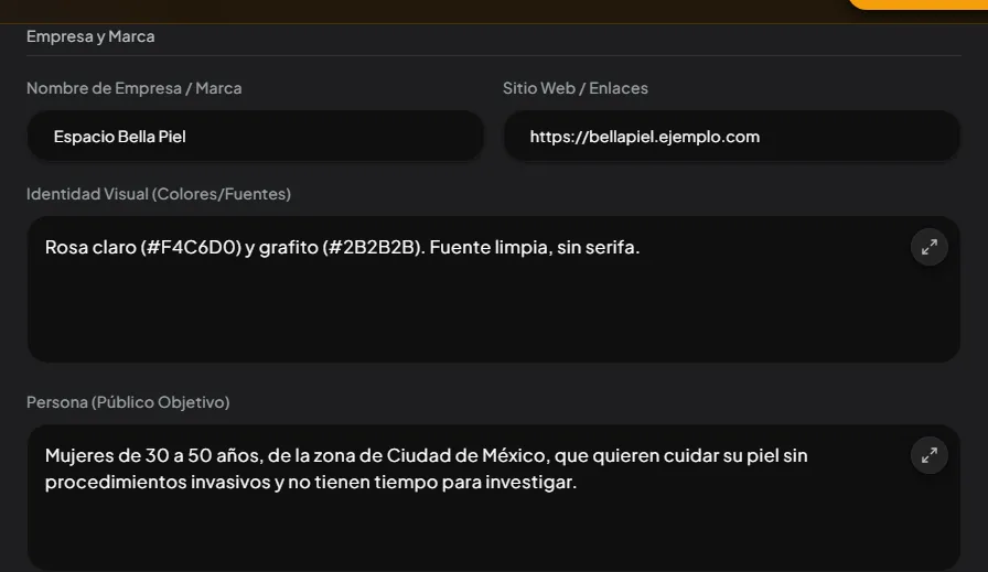 La sección Empresa y Marca: identidad visual, persona y logotipo.