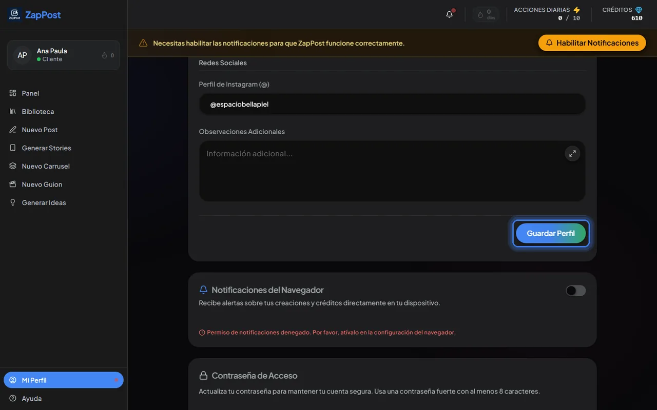 Sin hacer clic en "Guardar Perfil" el cambio no queda.