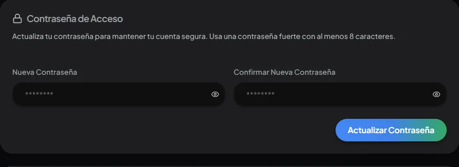 El cambio de contraseña está dentro del perfil.