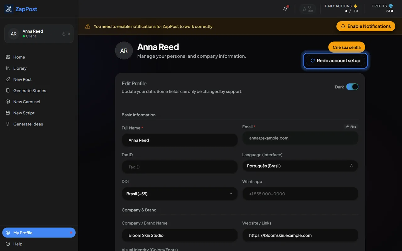 The profile page. The "Redo account setup" button reopens the first-access questions, if you prefer to answer them again from scratch.