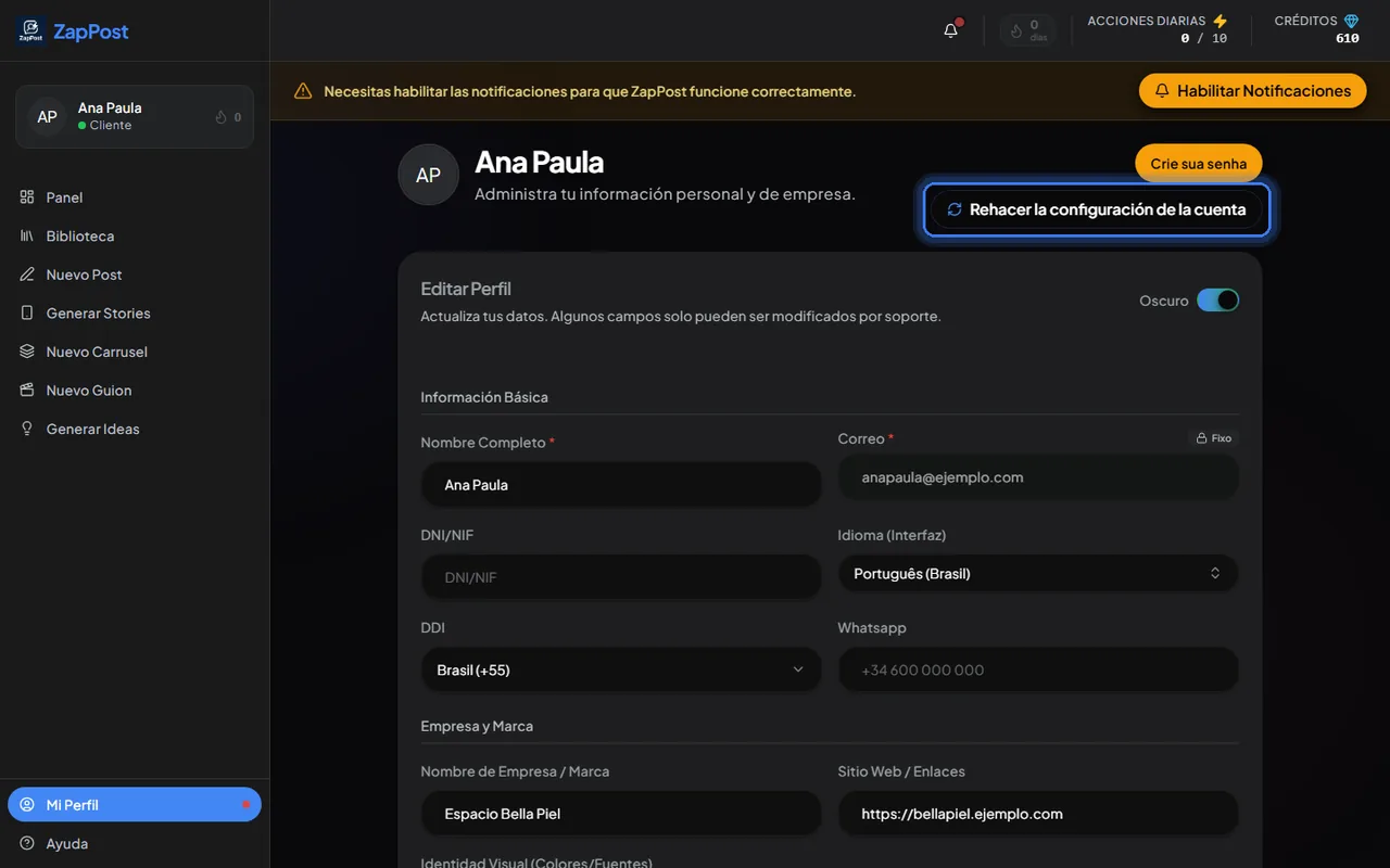 La página del perfil. El botón "Rehacer la configuración de la cuenta" vuelve a abrir las preguntas del primer acceso, si prefieres responderlas de nuevo desde cero.