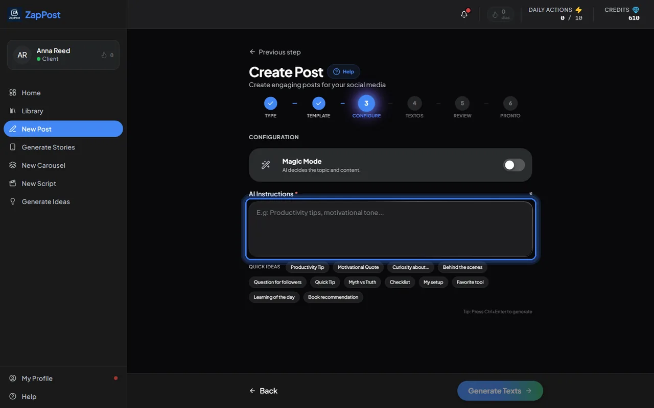 The third step: the topic of the post. The suggestions under the field fill it in for you.