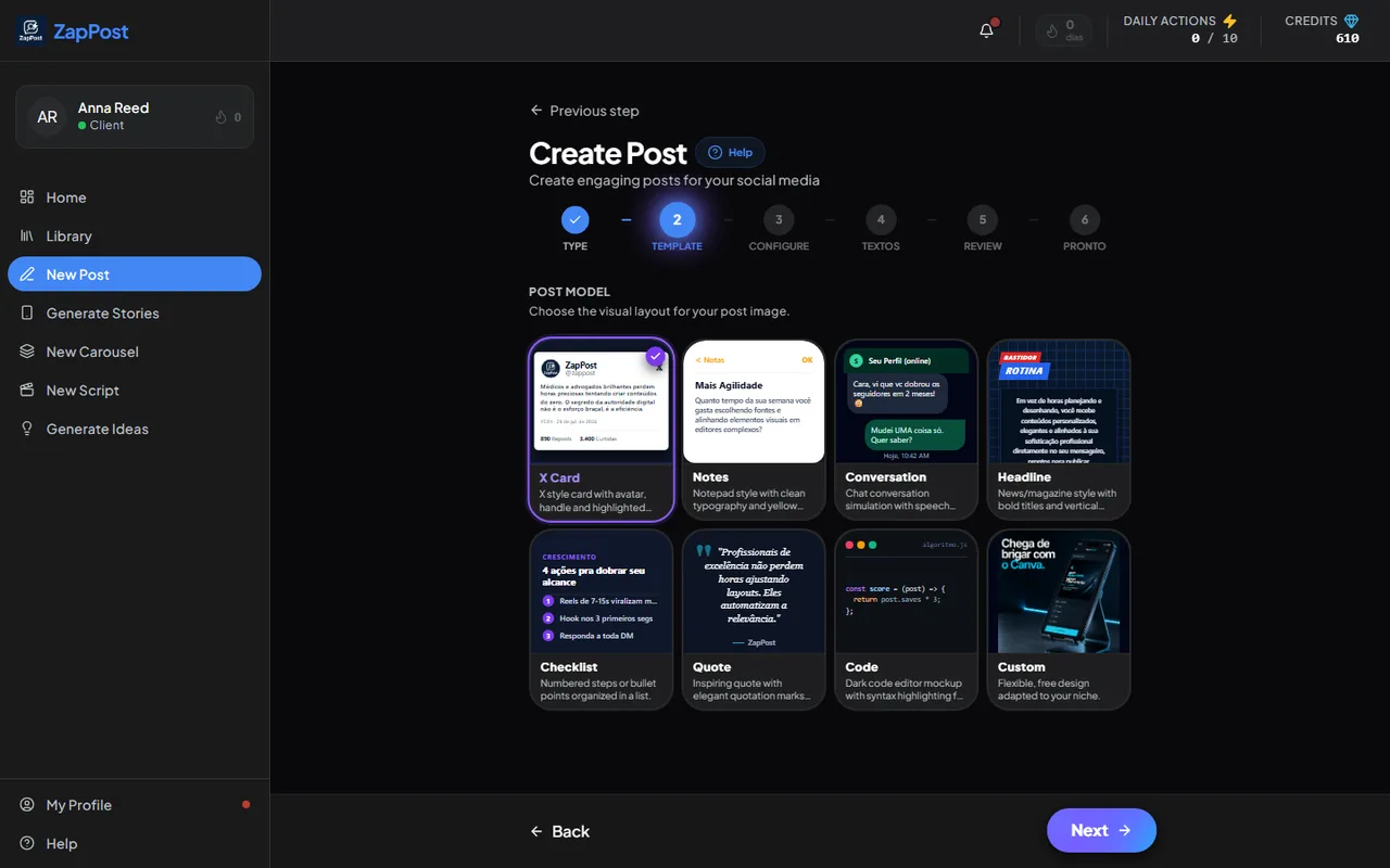 The second step: the visual template of the post.