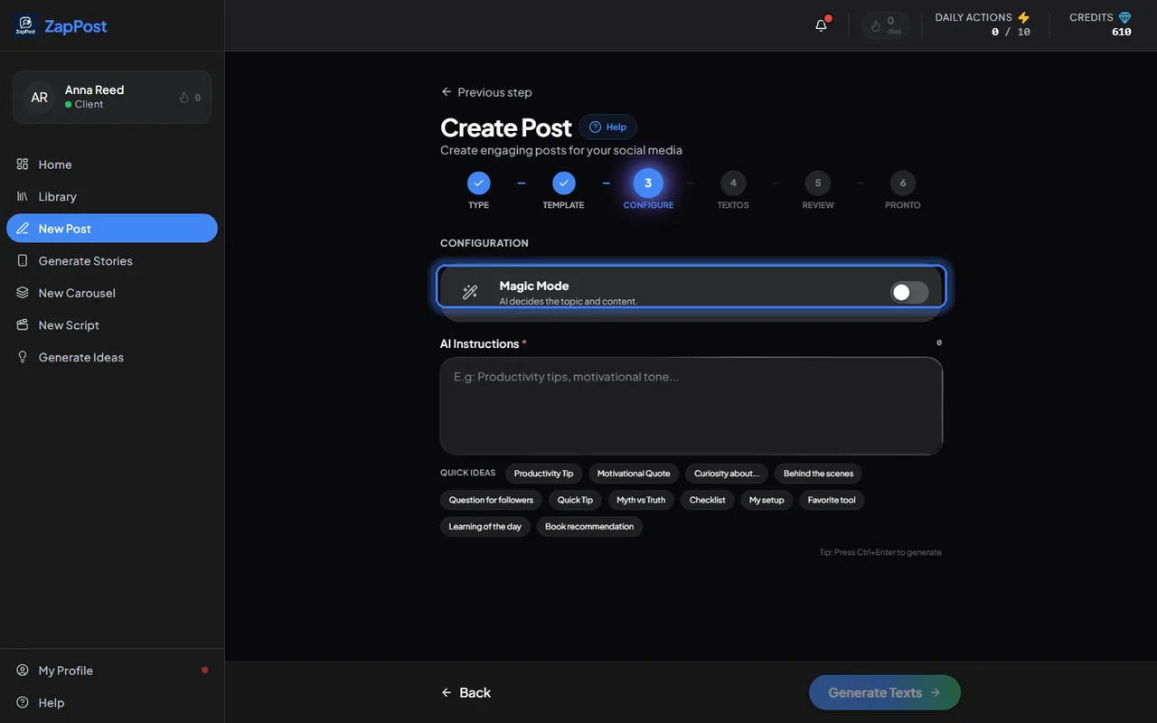 Magic Mode in the post creator. Turned on, the instructions field is no longer required.