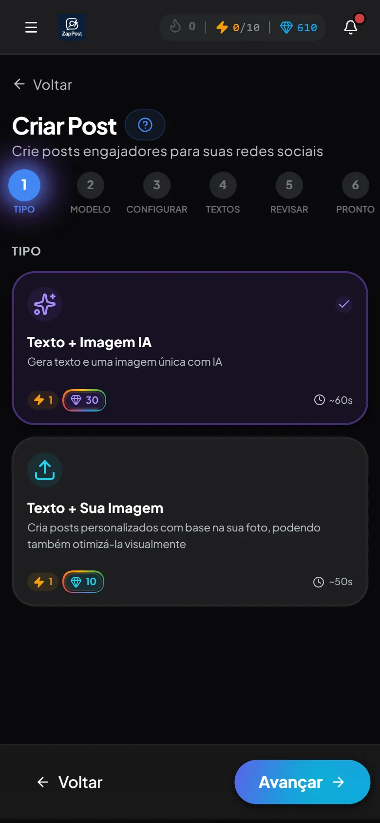 O criador de posts no celular, com os mesmos passos da versão de computador.