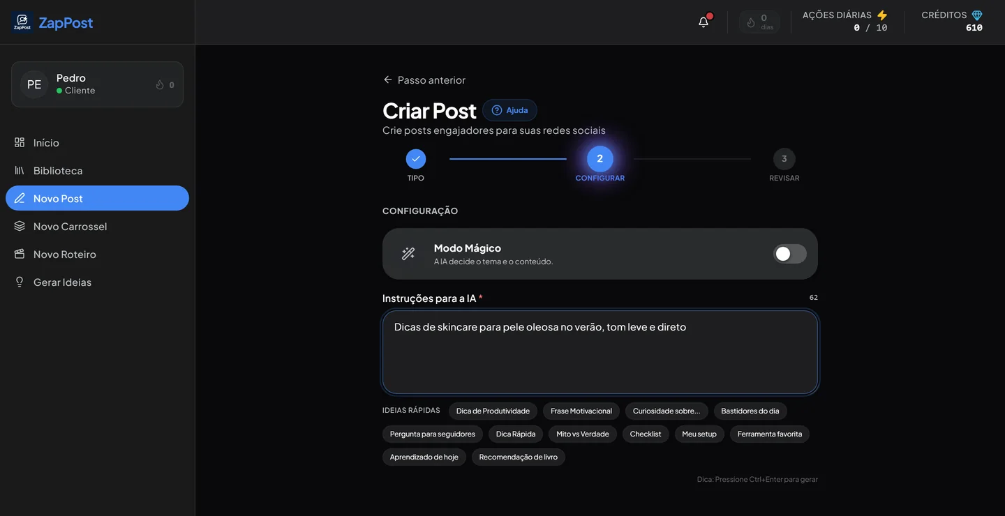 Tela de criação de post no ZapPost, com o campo de instruções preenchido e atalhos de tema
