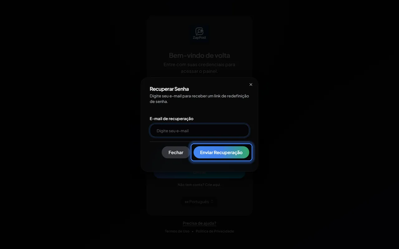 A janela de recuperação pede só o e-mail.