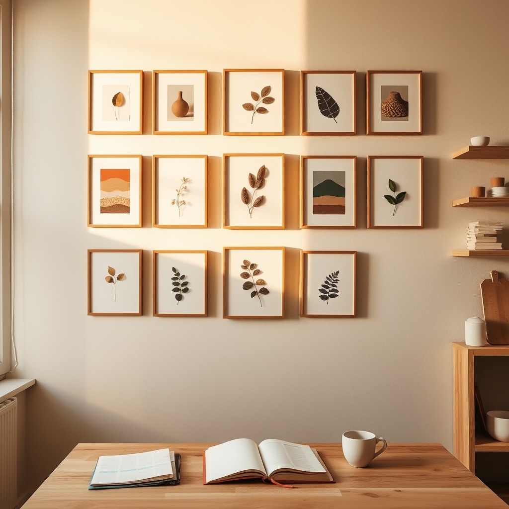 Parede clara com quadros pequenos pendurados em grade, uma mesa de madeira embaixo com caderno aberto e xícara
