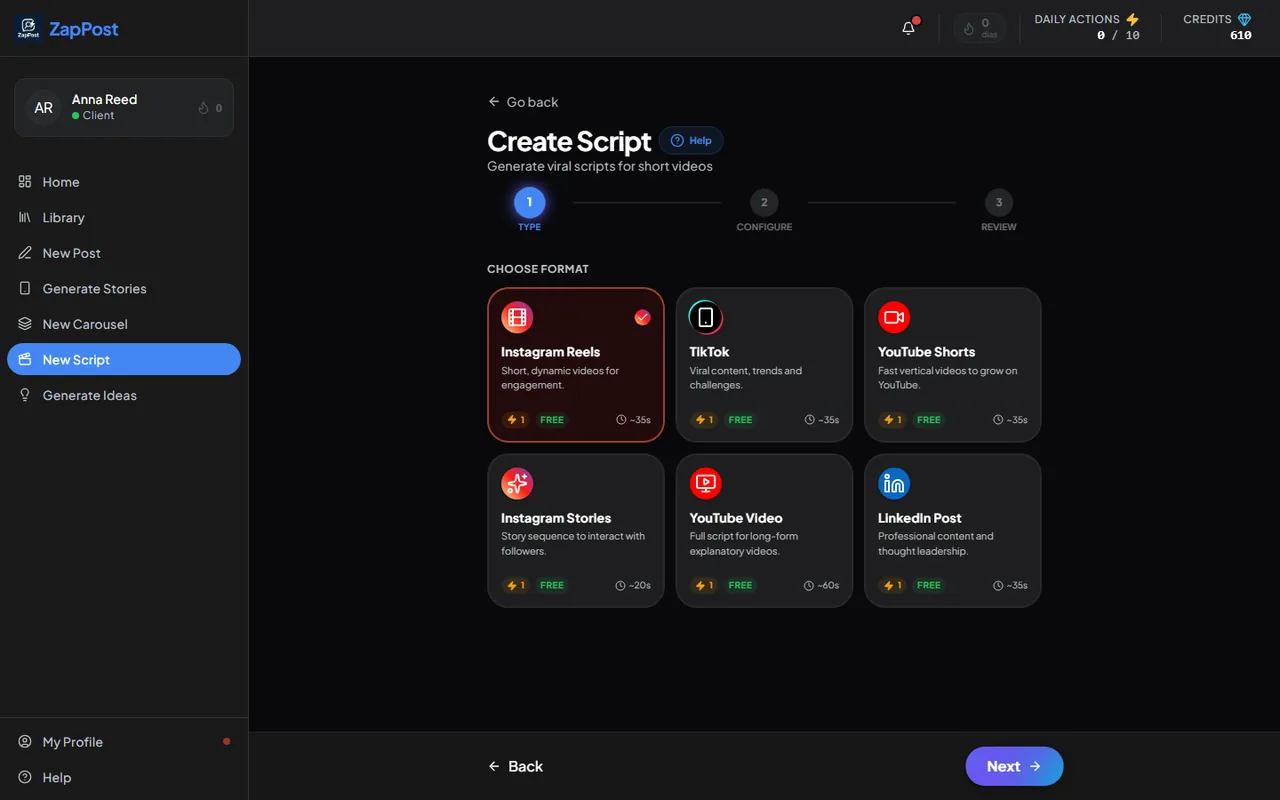 The first step: the video format. All of them use just one action, no credits.