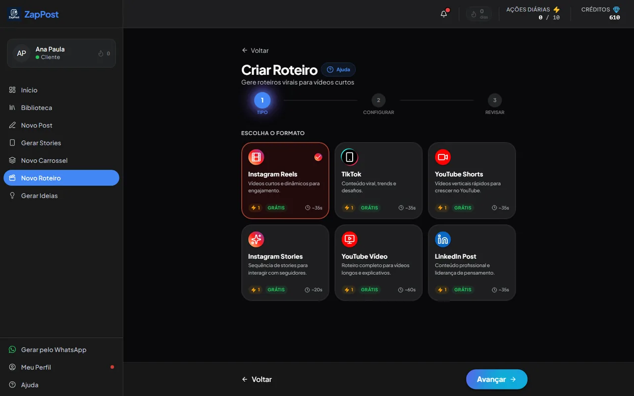 Os formatos do gerador de roteiros: cada rede tem o seu.