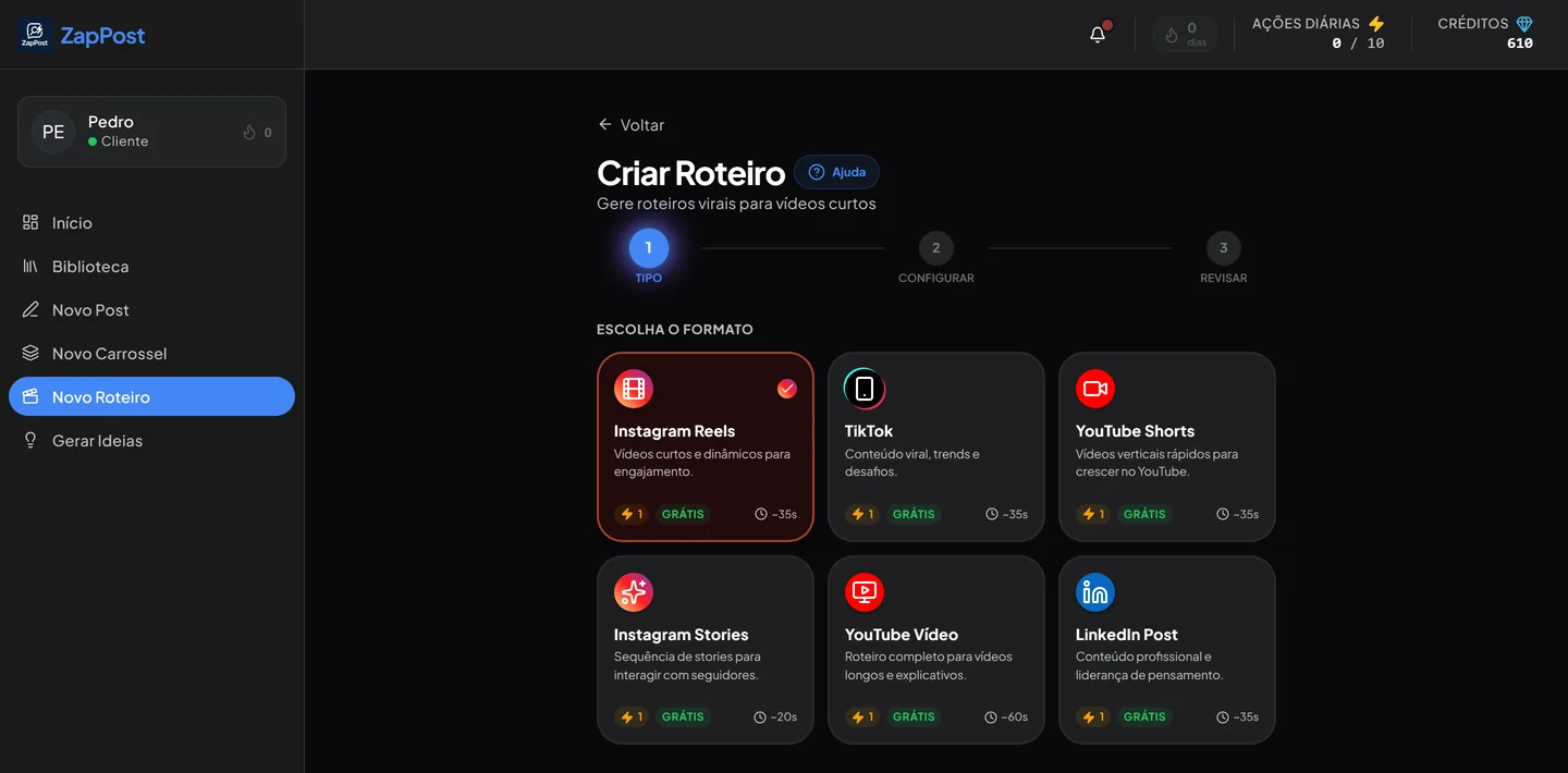 Seis formatos de roteiro no ZapPost: Reels, TikTok, Shorts, Stories, YouTube e LinkedIn