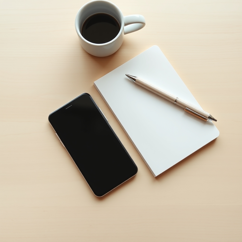Um celular virado para cima sobre uma mesa de madeira clara, visto de cima, ao lado de um caderno aberto em branco com uma caneta e uma xícara de café