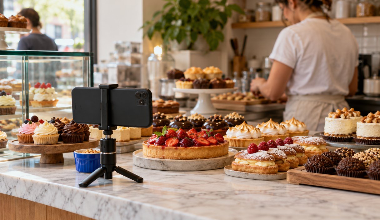 Vários doces de confeitaria enfileirados sobre o balcão de mármore de uma doceria pequena, com um celular num tripé de mesa apontado para eles, luz da manhã entrando pela vitrine